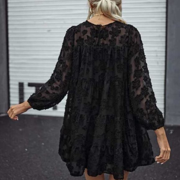 Black Floral Fuzzy Sheer Sleeve Ruffle Dress - Picture 3 of 7